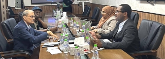 BOT Team (Mr. Beatus Rwegalulira on the right and MS. Zuwena Soud – on the same side) with the President of Strategic Planning and Global Relationships at the international Islamic Rating Agency (IIRA)Mr. Faheem Ahmad during a side-meeting at the AAOIFI main office in Bahrain, accompanied by CIFCA SG, Mr. Lupande.